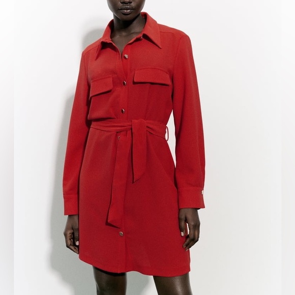 Zara NWT red tie belted mini shirt dress gold button front collared flap pocket - Picture 2 of 4